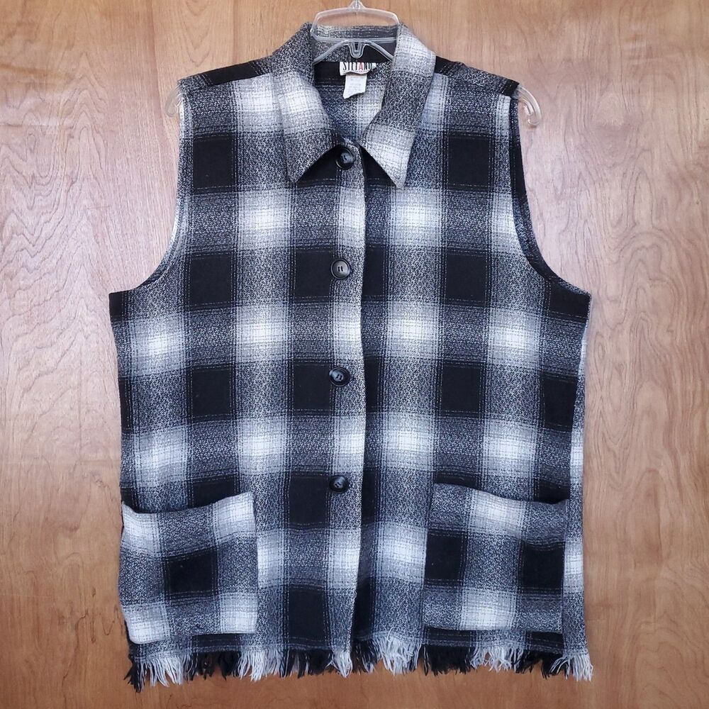 VTG Shadow Plaid Grunge Vest Womens M Sleeveless Button Up Fringe Black White